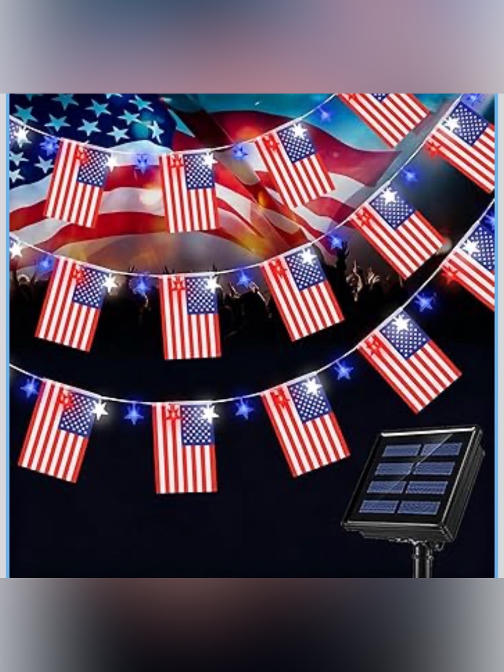 BNIB 60 LEDSolar Red White and Blue Lights with 20 American Flag for Outside